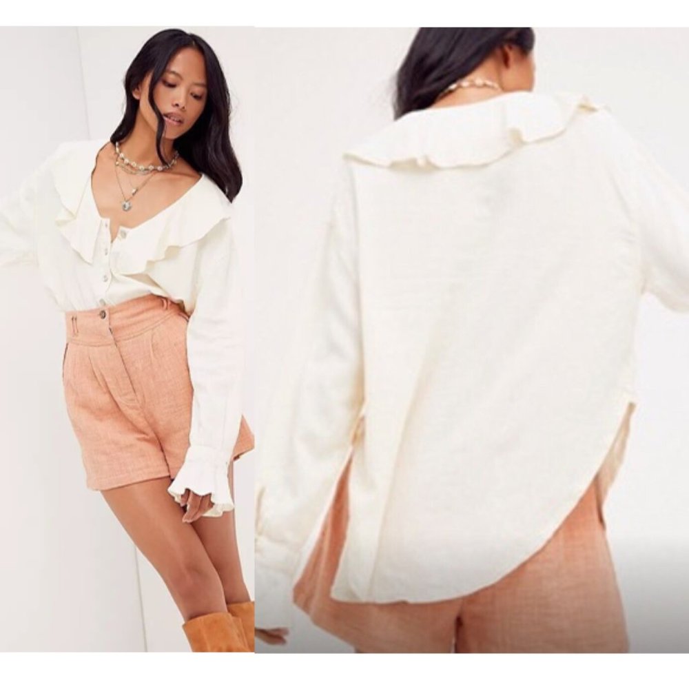 Free People Cream Ruffled Button-Down Blouse